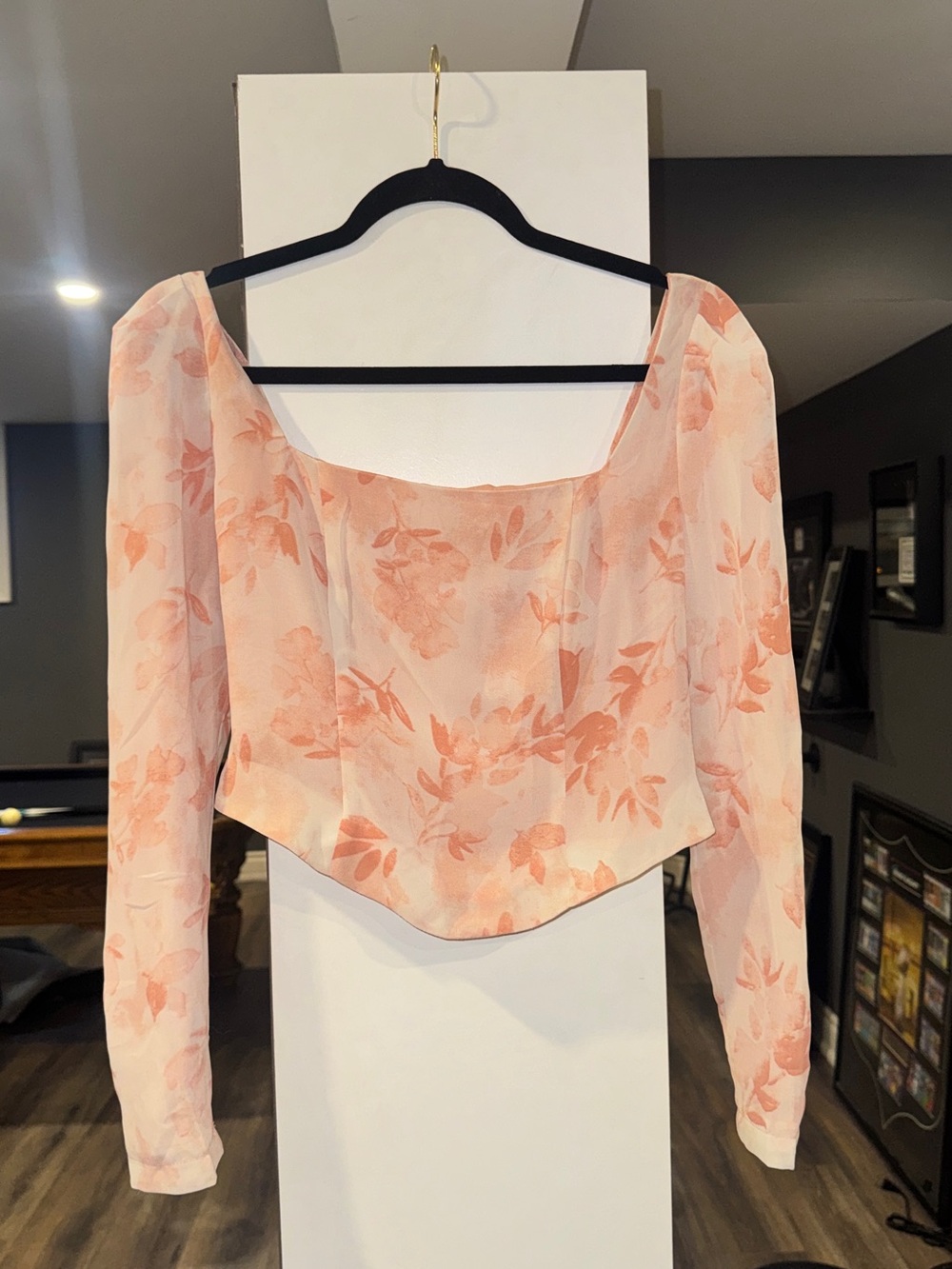 Nasty Gal Peach Floral Square-Neck Long Sleeve Blouse